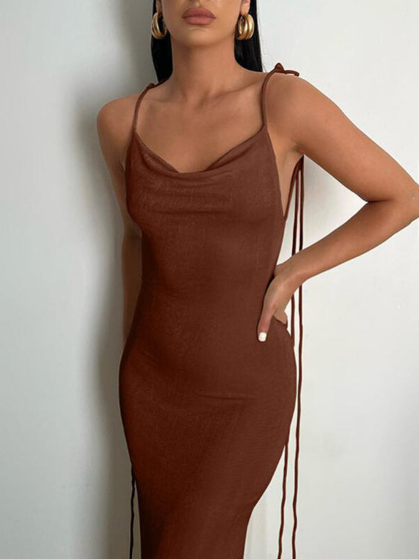 Evening Dresses- Elegant Backless Wedding Guest Draped Evening Dress- Dark Brown- Pekosa Women Clothing