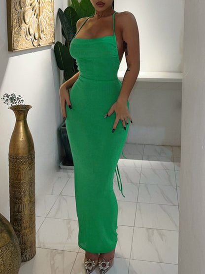 Evening Dresses- Elegant Backless Wedding Guest Draped Evening Dress- Green- Pekosa Women Clothing