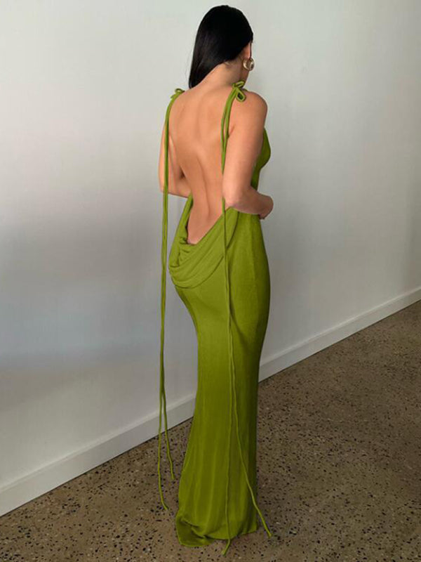 Evening Dresses- Elegant Backless Wedding Guest Draped Evening Dress- Olive green- Pekosa Women Clothing