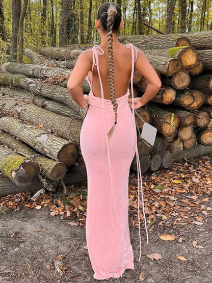 Evening Dresses- Elegant Backless Wedding Guest Draped Evening Dress- Pastel pink- Pekosa Women Clothing