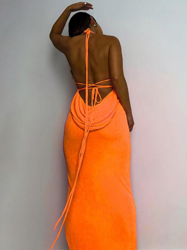 Evening Dresses- Elegant Backless Wedding Guest Draped Evening Dress- Orange- Pekosa Women Clothing