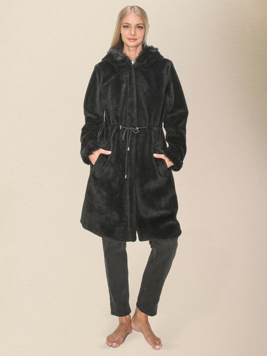 Faux Fur Coats- Cozy Plush Thick Hooded Coat with Pockets for Winter- Black- Pekosa Women Clothing