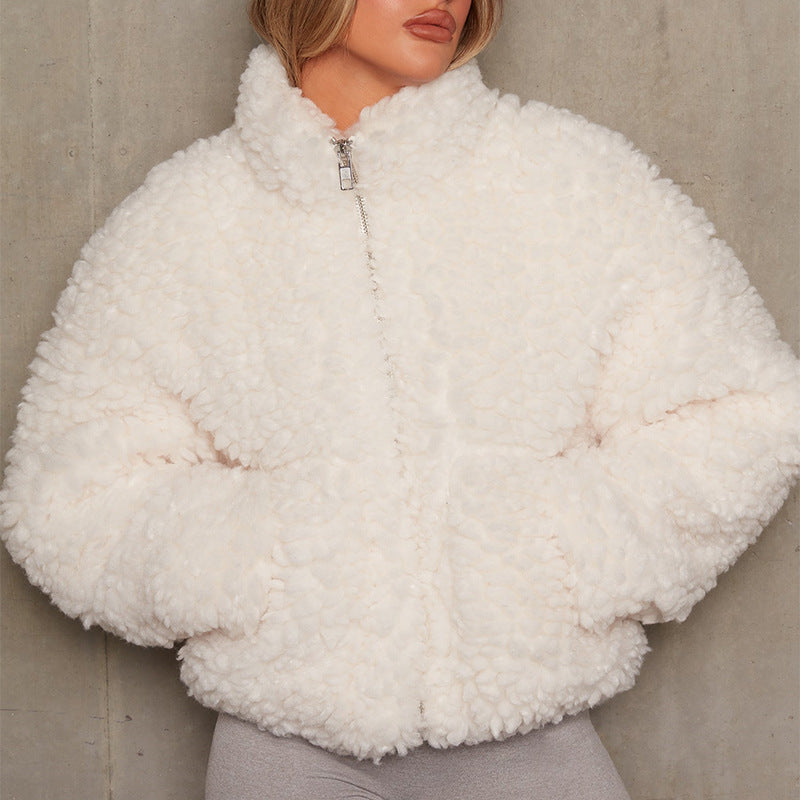 Faux Fur Jackets- Faux Fur Fluffy Zip-Up Jacket- White- Pekosa Women Clothing