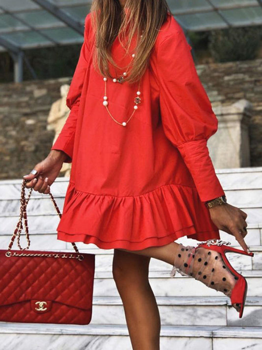 Festive Dresses- Long Sleeve Collared Solid Tunic Dress with Ruffle Finish- Red- Pekosa Women Clothing