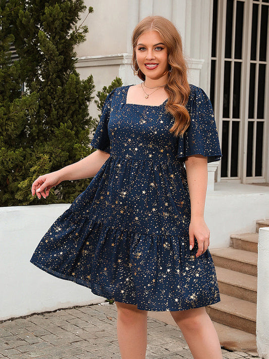 Festive Dresses- Oversized Sparkle A-Line Dress for Curvy Glam- Blue- Pekosa Women Fashion