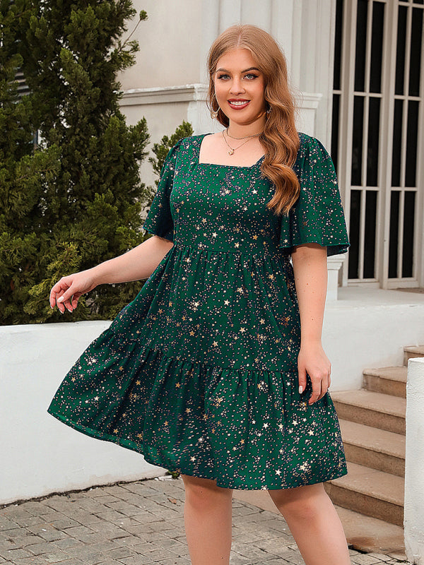 Festive Dresses- Oversized Sparkle A-Line Dress for Curvy Glam- Green- Pekosa Women Fashion