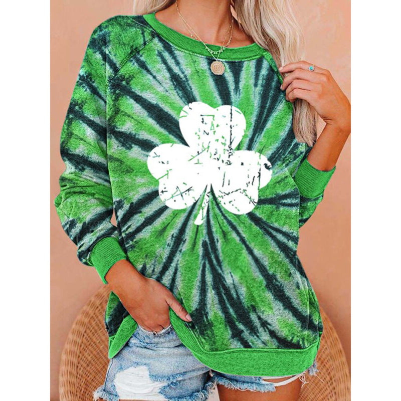 Festive Sweatshirts- Lucky Four-Leaf Clover Sweatshirt for St. Patrick's Day- Green- Pekosa Women Clothing