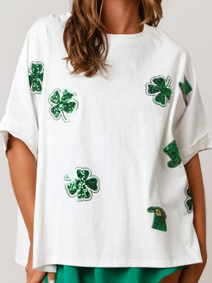 Festive Tees- Oversized Saint Patrick's Day Tee with Sparkling Four-Leaf Clover- - Pekosa Women Clothing