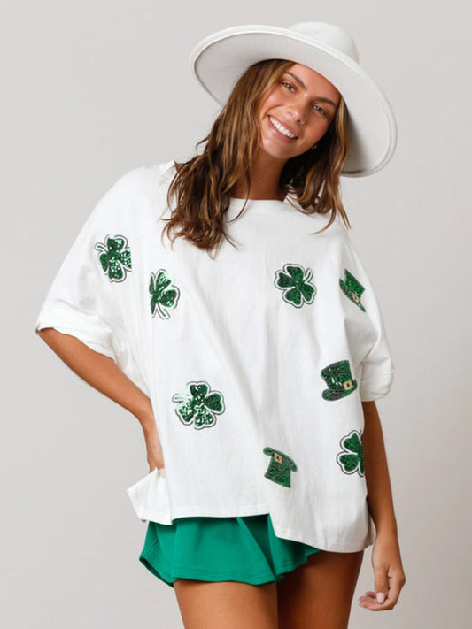 Festive Tees- Oversized Saint Patrick's Day Tee with Sparkling Four-Leaf Clover- White- Pekosa Women Clothing