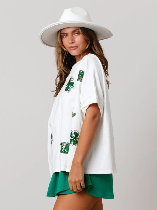 Festive Tees- Oversized Saint Patrick's Day Tee with Sparkling Four-Leaf Clover- - Pekosa Women Clothing