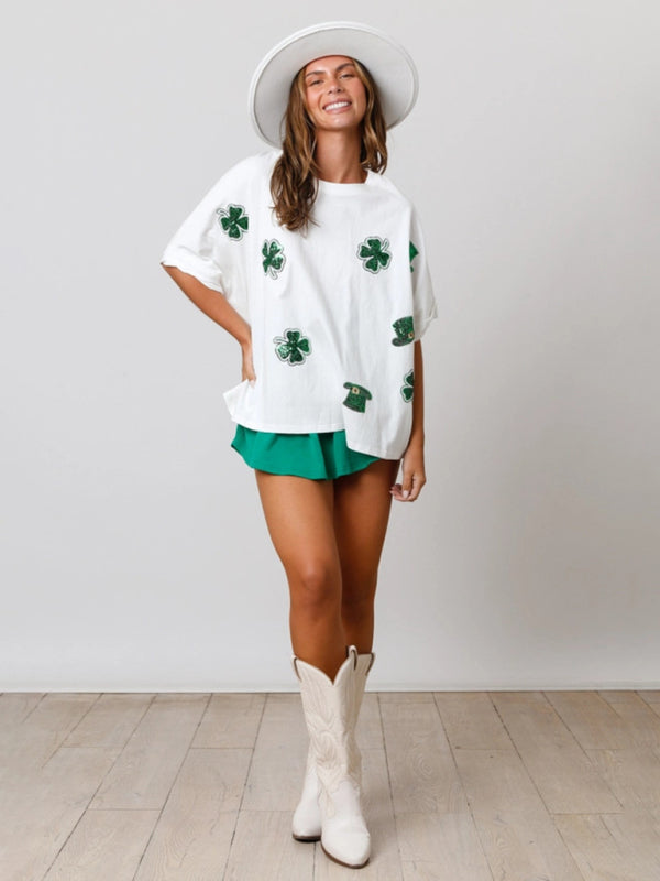 Festive Tees- Oversized Saint Patrick's Day Tee with Sparkling Four-Leaf Clover- - Pekosa Women Clothing