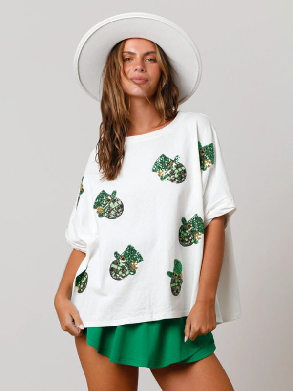 Festive Tees- Sparkle Leprechaun on Saint Patrick's Oversized T-Shirt- White- Pekosa Women Clothing