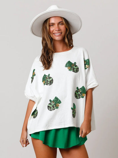 Festive Tees- Sparkle Leprechaun on Saint Patrick's Oversized T-Shirt- - Pekosa Women Clothing