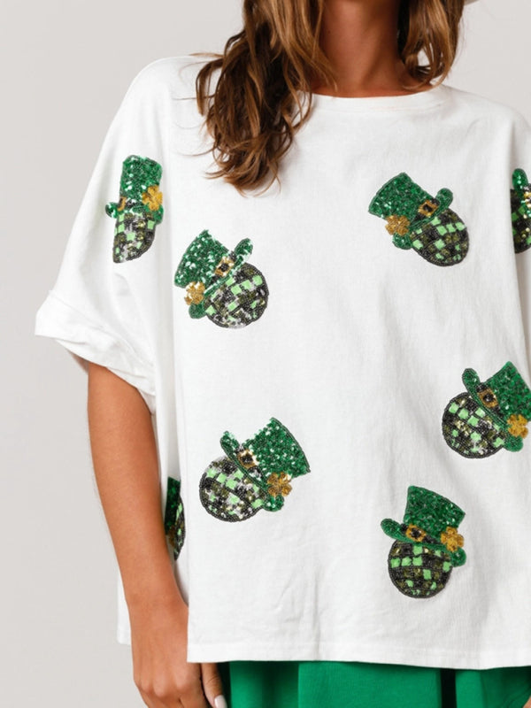 Festive Tees- Sparkle Leprechaun on Saint Patrick's Oversized T-Shirt- - Pekosa Women Clothing