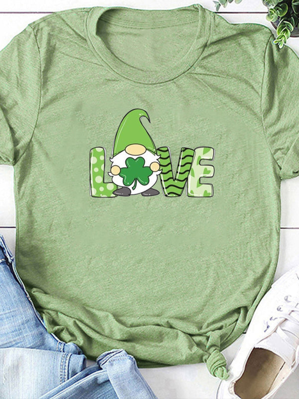 Festive Tees- St. Paddy's Day Crew Neck T-Shirt in Cotton with Leprechaun Charm- Pale green- Pekosa Women Clothing