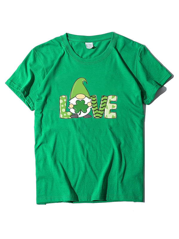 Festive Tees- St. Paddy's Day Crew Neck T-Shirt in Cotton with Leprechaun Charm- Grass green- Pekosa Women Clothing