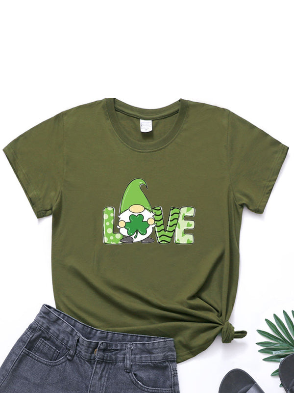 Festive Tees- St. Paddy's Day Crew Neck T-Shirt in Cotton with Leprechaun Charm- Olive green- Pekosa Women Clothing