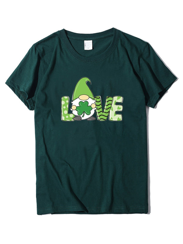 Festive Tees- St. Paddy's Day Crew Neck T-Shirt in Cotton with Leprechaun Charm- Green black jasper- Pekosa Women Clothing