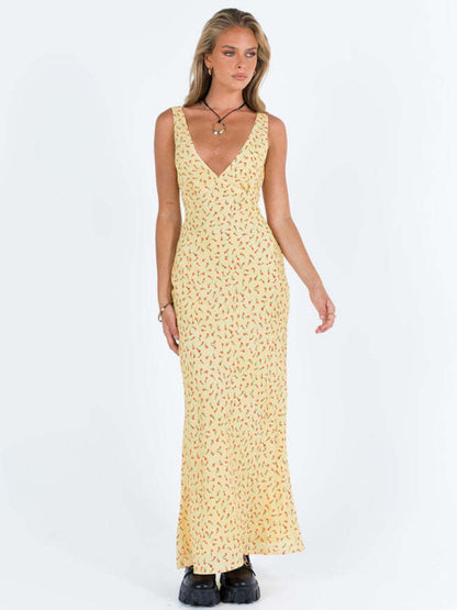 Fishtail Dresses- Polka Dot V-Neck Mermaid Maxi Dress- Yellow- Pekosa Women Clothing