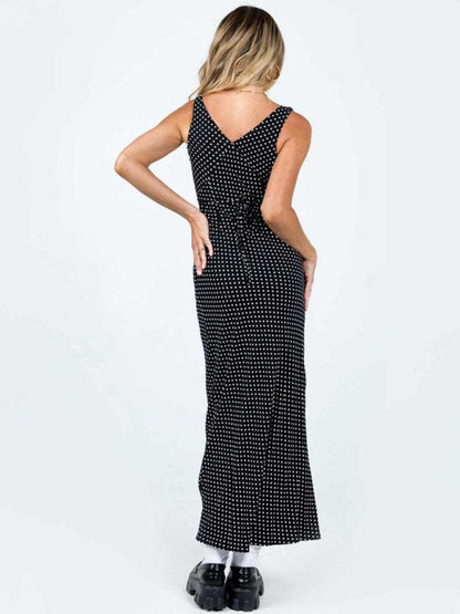 Fishtail Dresses- Polka Dot V-Neck Mermaid Maxi Dress- - Pekosa Women Clothing