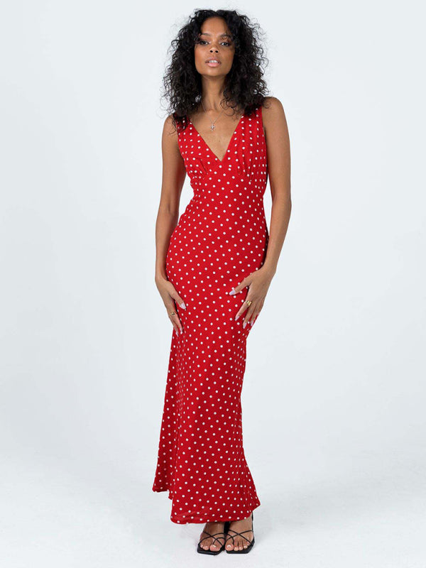 Fishtail Dresses- Polka Dot V-Neck Mermaid Maxi Dress- Red- Pekosa Women Clothing