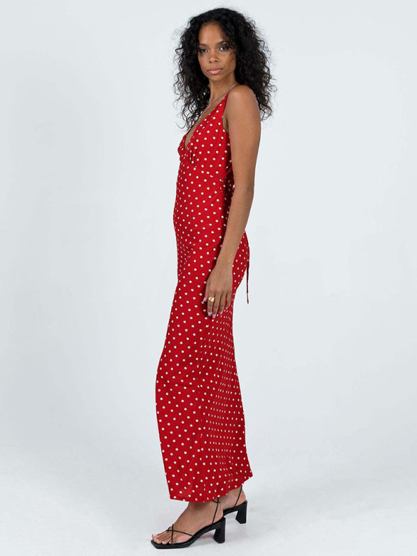 Fishtail Dresses- Polka Dot V-Neck Mermaid Maxi Dress- - Pekosa Women Clothing