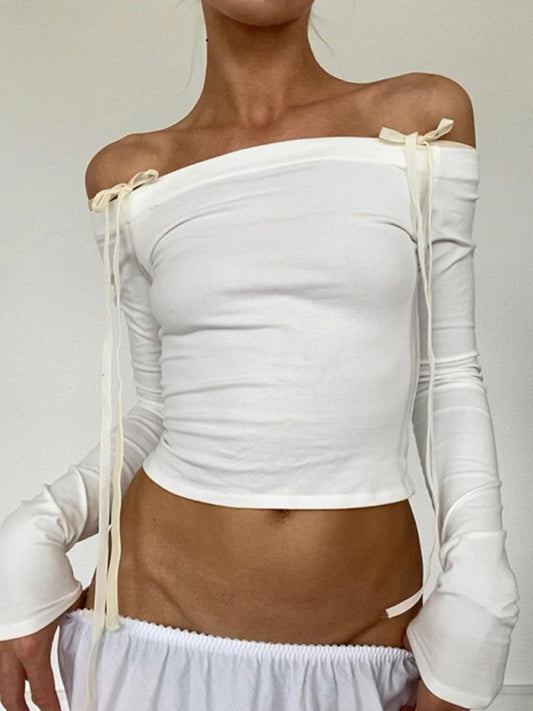 Fitted Tops- Solid Off-The-Shoulder Crop T-Shirt with Long Sleeve- White- Pekosa Women Clothing