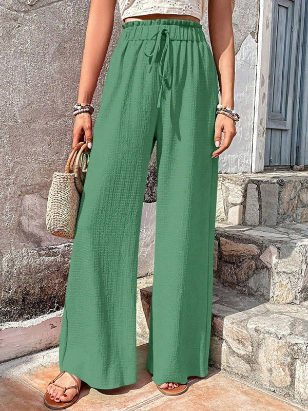 Flared Pants- Textured High-Waist Palazzo Flared Pants- Green- Pekosa Women Clothing