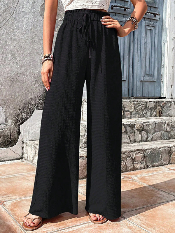 Flared Pants- Textured High-Waist Palazzo Flared Pants- Black- Pekosa Women Clothing