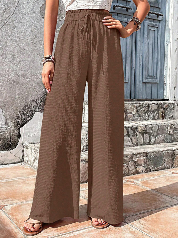 Flared Pants- Textured High-Waist Palazzo Flared Pants- Coffee- Pekosa Women Clothing