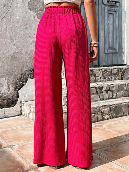 Flared Pants- Textured High-Waist Palazzo Flared Pants- - Pekosa Women Clothing