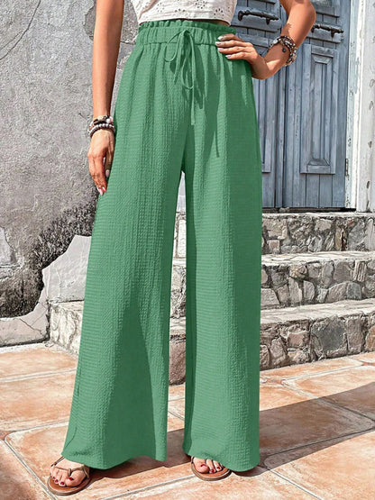 Flared Pants- Textured High-Waist Palazzo Flared Pants- - Pekosa Women Clothing