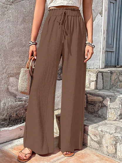 Flared Pants- Textured High-Waist Palazzo Flared Pants- - Pekosa Women Clothing