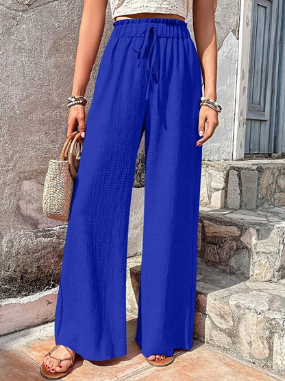 Flared Pants- Textured High-Waist Palazzo Flared Pants- - Pekosa Women Clothing