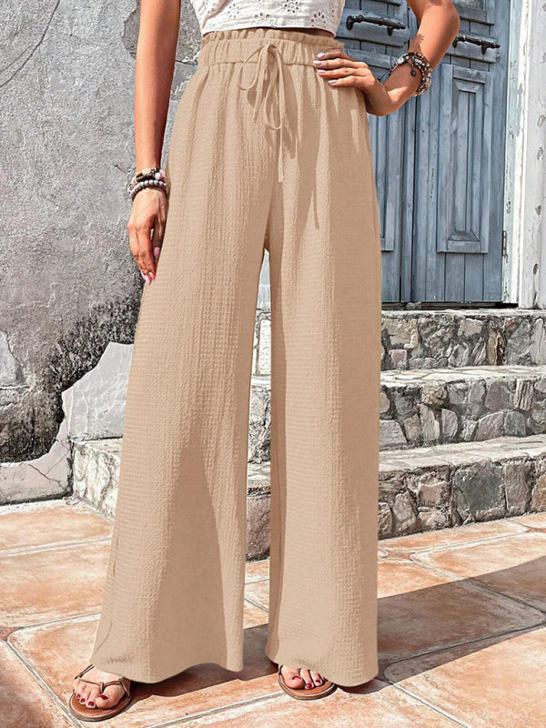 Flared Pants- Textured High-Waist Palazzo Flared Pants- Cracker khaki- Pekosa Women Clothing