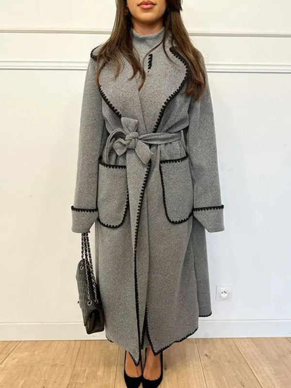 Fleece Coat- Winter Embroidered Faux Wool Wrap Belted Coat- Grey- Pekosa Women Clothing