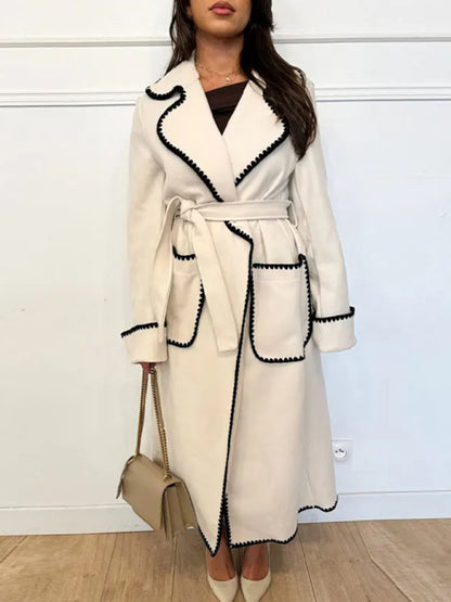 Fleece Coat- Winter Embroidered Faux Wool Wrap Belted Coat- White- Pekosa Women Clothing