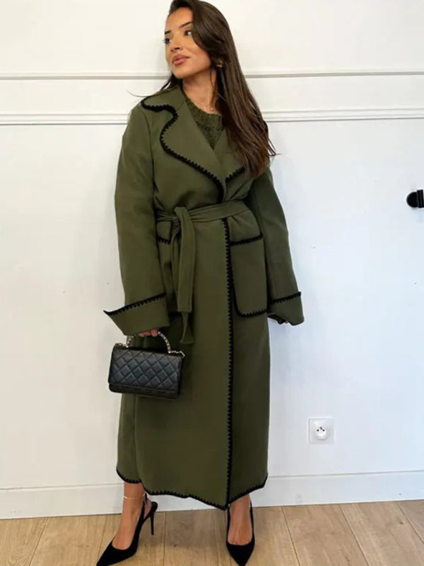 Fleece Coat- Winter Embroidered Faux Wool Wrap Belted Coat- Olive green- Pekosa Women Clothing