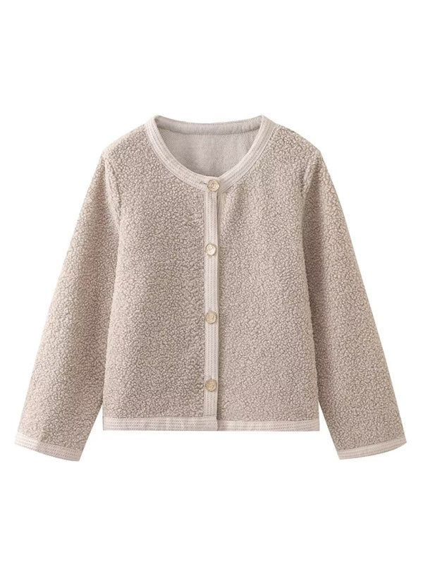 Fleece Jackets- Button-Up Jacket in Soft Plush Fleece- - Pekosa Women Clothing