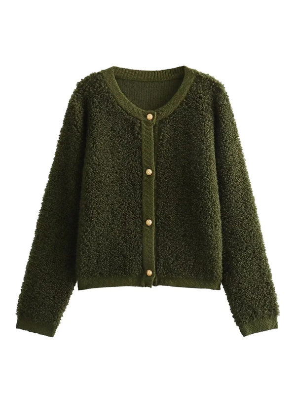 Fleece Jackets- Button-Up Jacket in Soft Plush Fleece- Olive green- Pekosa Women Clothing