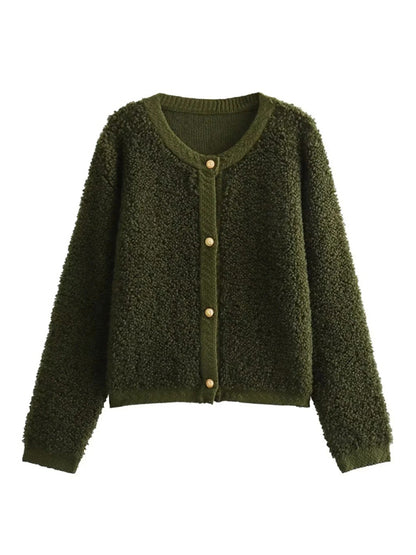 Fleece Jackets- Button-Up Jacket in Soft Plush Fleece- Olive green- Pekosa Women Clothing