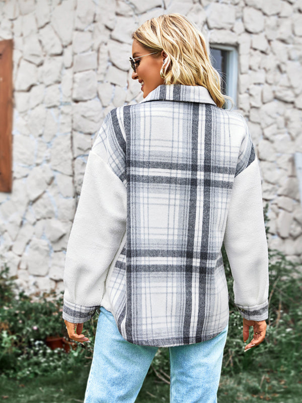 Fleece Jackets- Fall-Winter Plaid Fleece Shirt Jacket- - Pekosa Women Clothing