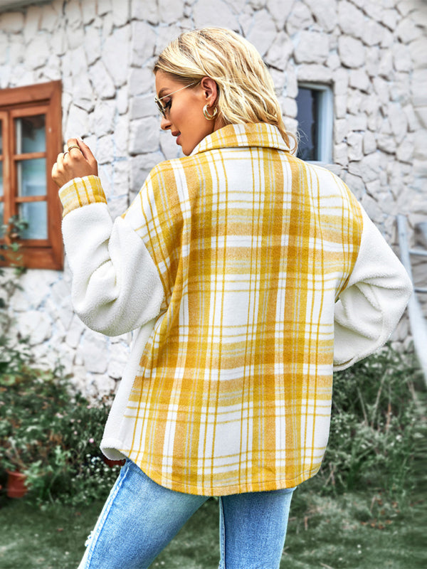 Fleece Jackets- Fall-Winter Plaid Fleece Shirt Jacket- - Pekosa Women Clothing