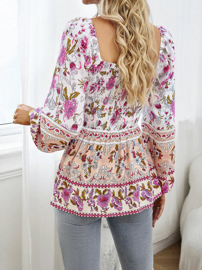 Floral Blouses- Autumn Floral Balloon Sleeve Top - Square Neck Smocked Blouse- - Pekosa Women Clothing