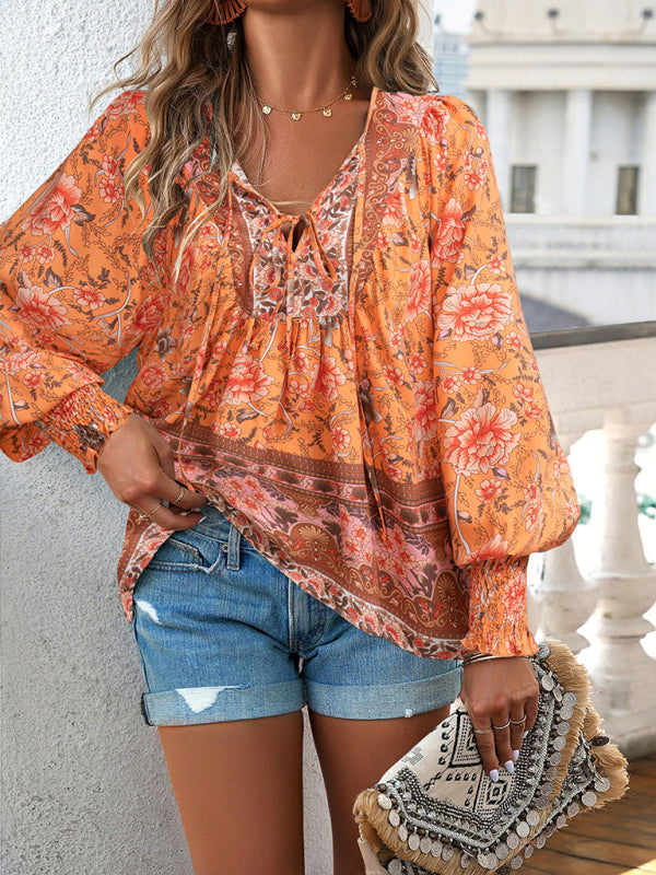 Floral Blouses- Floral Boho-Inspired Blouse with Lantern Sleeves- - Pekosa Women Clothing