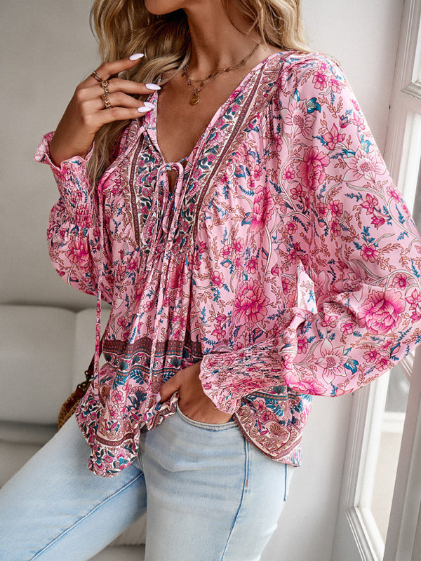 Floral Blouses- Floral Boho-Inspired Blouse with Lantern Sleeves- - Pekosa Women Clothing