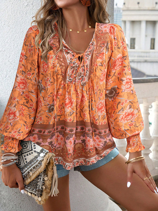 Floral Blouses- Floral Boho-Inspired Blouse with Lantern Sleeves- Yellow- Pekosa Women Clothing