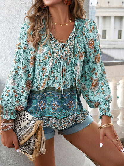 Floral Blouses- Floral Boho-Inspired Blouse with Lantern Sleeves- - Pekosa Women Clothing