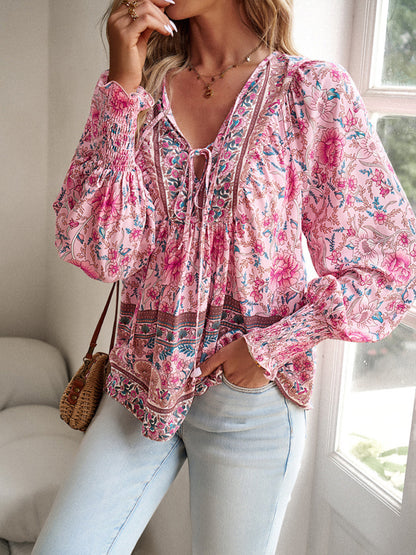 Floral Blouses- Floral Boho-Inspired Blouse with Lantern Sleeves- - Pekosa Women Clothing