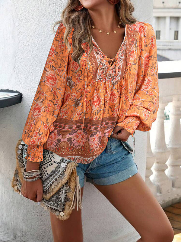 Floral Blouses- Floral Boho-Inspired Blouse with Lantern Sleeves- - Pekosa Women Clothing